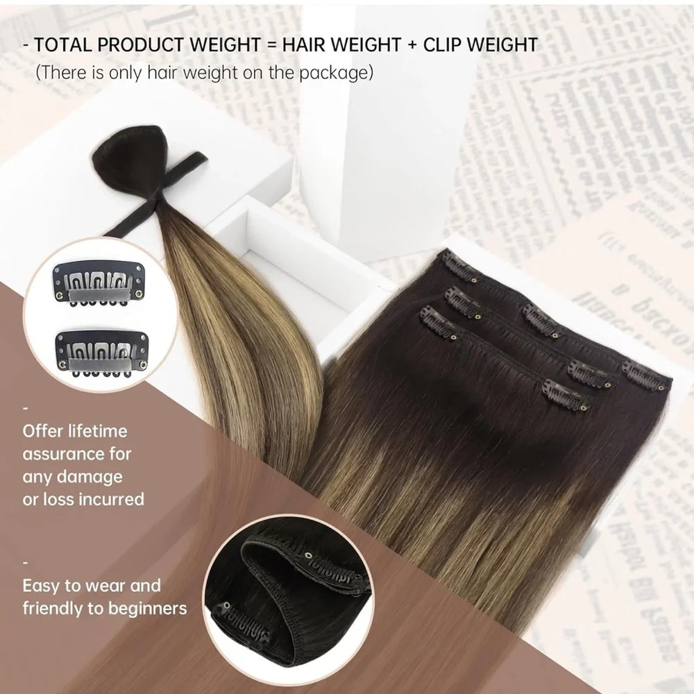 Sunny Hair Clip in Real Human Hair Black Ombre Dark Brown Caramel Blonde - Picture 2 of 11